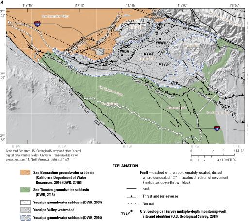 4. Three hillshade maps of the Yucaipa groundwater subbasin with faults delineated.
                        Two maps show versions of the Yucaipa groundwater subbasin and adjacent groundwater
                        subbasins defined in previous reports, and the third shows the groundwater subareas
                        defined for this study.