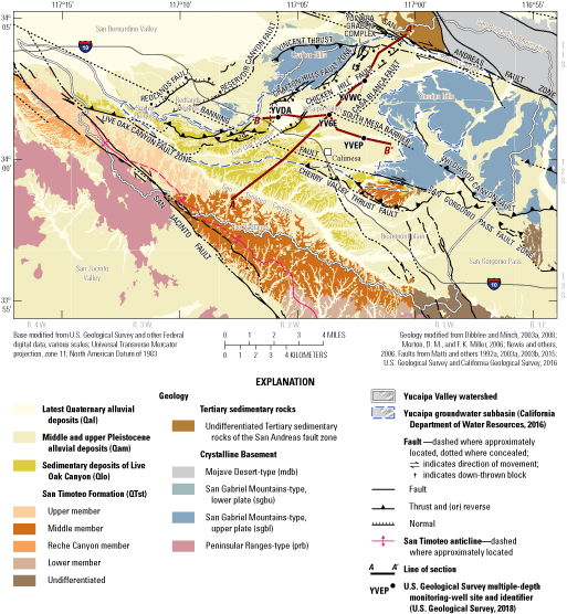 5. Map of the study area showing faults and several categories of surface geology
                        shown using different colored shading.