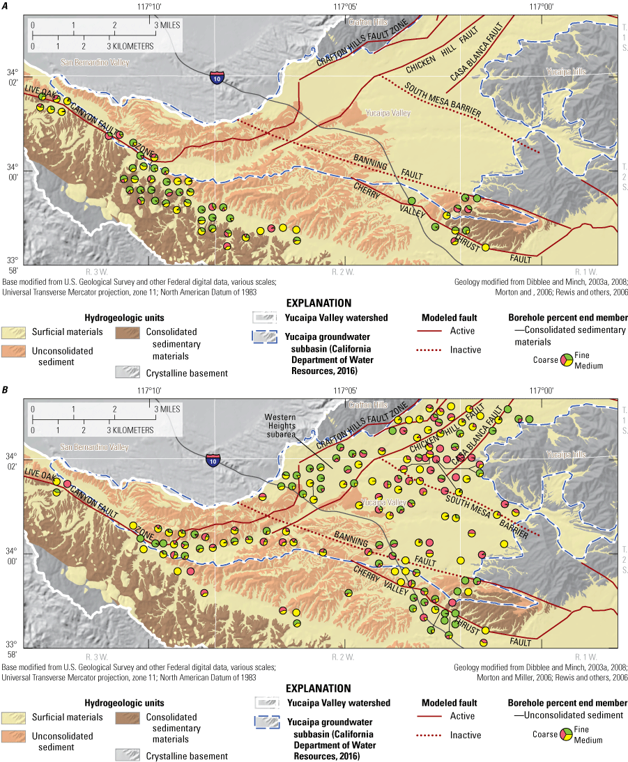 12. Three maps of the Yucaipa groundwater subbasin with hydrogeologic units shown
                           using different colors. The maps display small pie charts at borehole locations indicating
                           the percentage of fine, medium, and coarse material. Model faults are also shown.