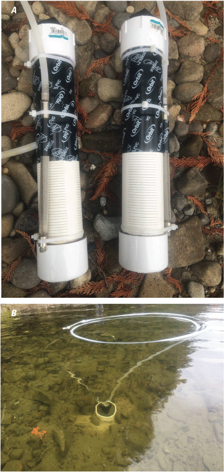 Photographs showing polyvinyl chloride housing dissolved-oxygen sensors with attached
                        stainless-steel screens used to sample in situ subsurface dissolved oxygen and housing
                        and sample tubes installed at a sampling station.