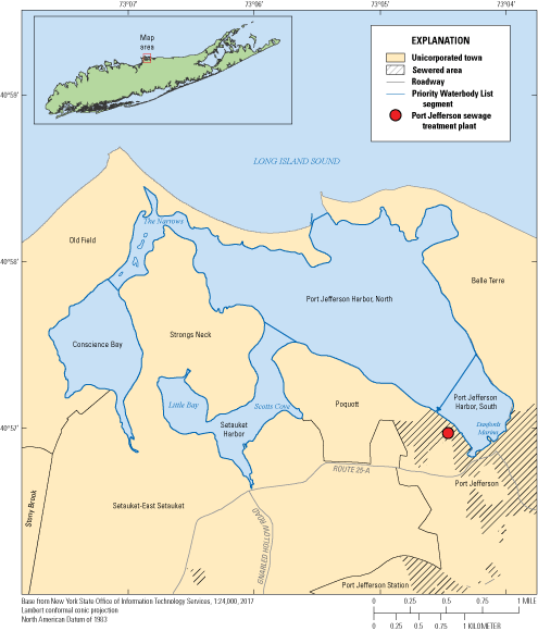 Extents of waterbodies in Port Jefferson Harbor, Setauket Harbor, and Conscience Bay
                     on Long Island, New York.