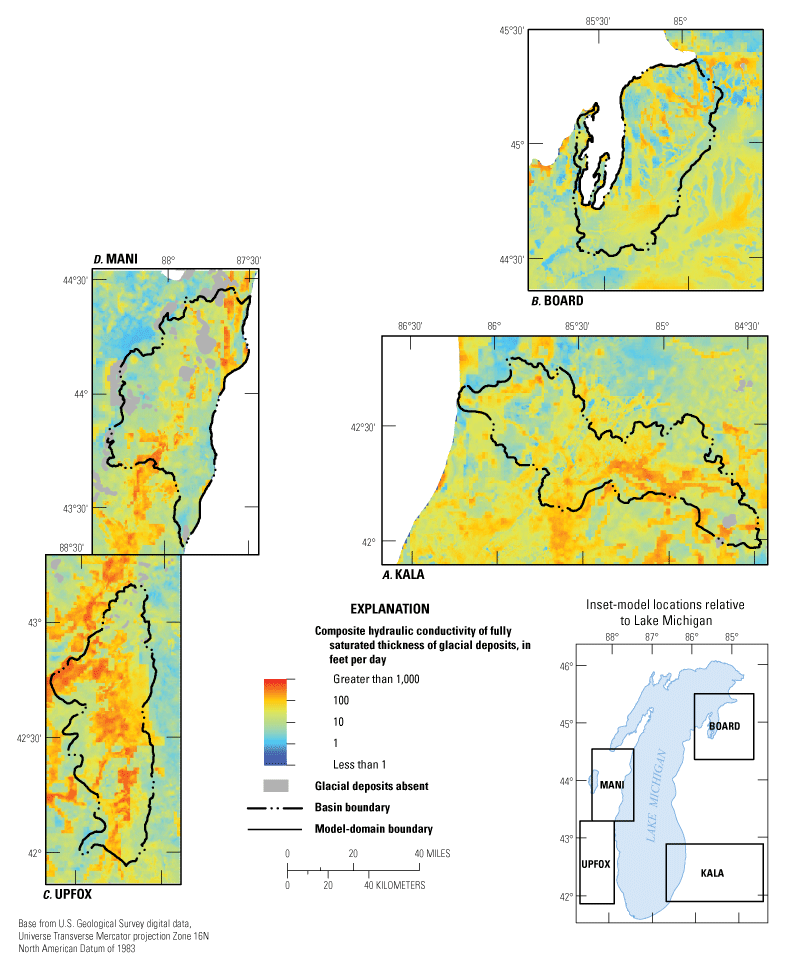 Composite hydraulic conductivity of fully saturated thickness of glacial deposits,
                  in feet per day, ranges from less than 1 to greater than 1,000.
