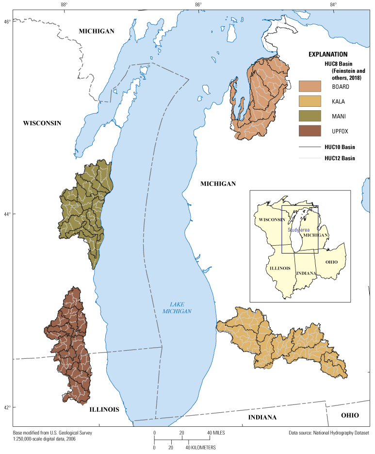The BOARD and KALA Basins are in Michigan and the MANI Basin is in Wisconsin. The
                        UPFOX Basin straddles Wisconsin and Illinois oriented north to south.