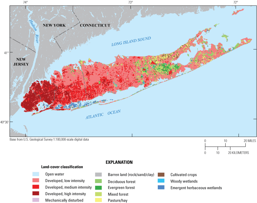 The west side of Long Island has high-intensity development land cover, and intensity
                     decreases from west to east, with some forest on the east side.