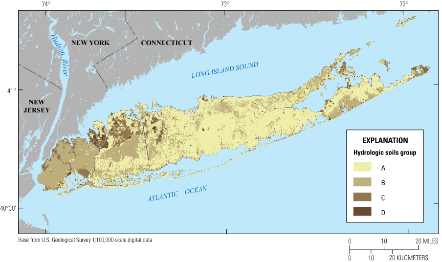 A group soil covers more than 75% of Long Island, and B group covers about 10%, mostly
                        in Kings and Queens. C and D are scattered and infrequent.