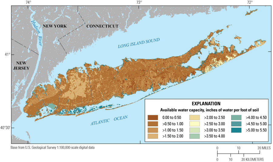 The vast majority of Long Island has water capacity of less than 2 inches per foot
                        of soil. Wetland areas on the coastlines have up to 5.5.