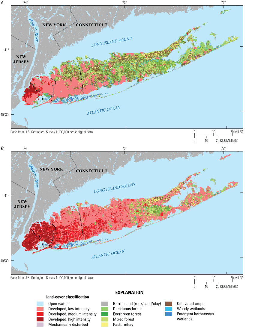 Land-cover changes from 1900 to 2019 show an increase in both developed areas and
                           intensity, from majority forest and crops to majority development.