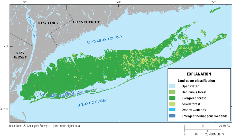 The land-cover on Long Island for the predevelopment simulation is mostly evergreen
                           forest, with some deciduous and mixed forest, and wetlands.