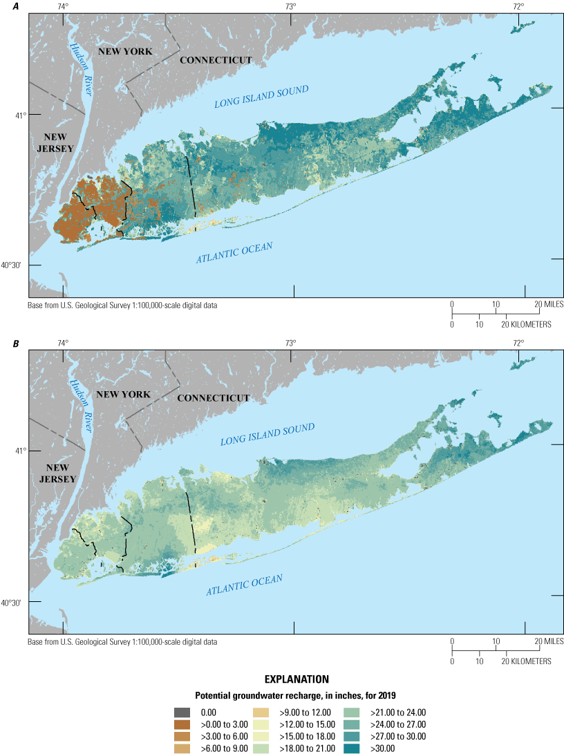 Postdevelopment, Kings and Queens has less than 3 inches of potential recharge while
                        other areas have up to and over 30 inches. Predevelopment, potential recharge over
                        the island is more consistent, from about 12 to 30 inches.