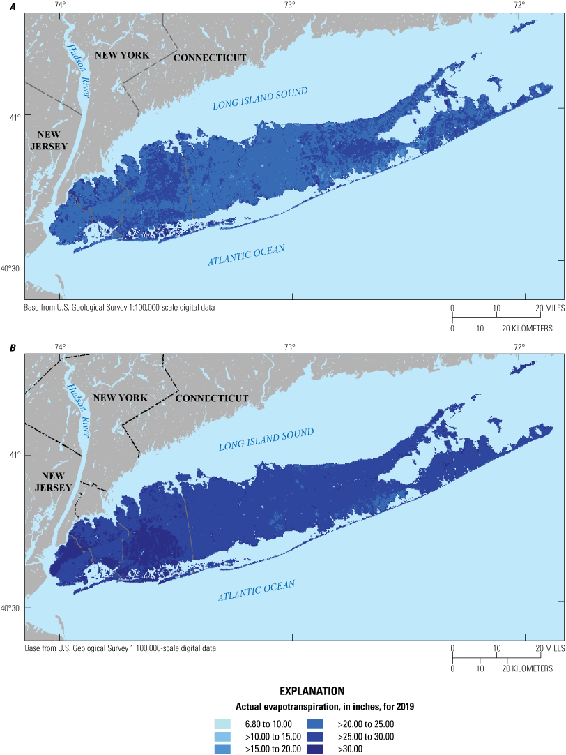 In the postdevelopment output, evapotranspiration is 20 to 25 inches for much of the
                        island. In the predevelopment, most area is 25 to 30 inches.