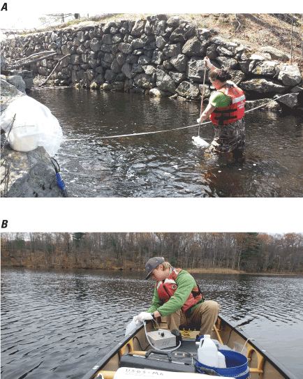 Two photographs of U.S. Geological Survey personnel collecting water samples