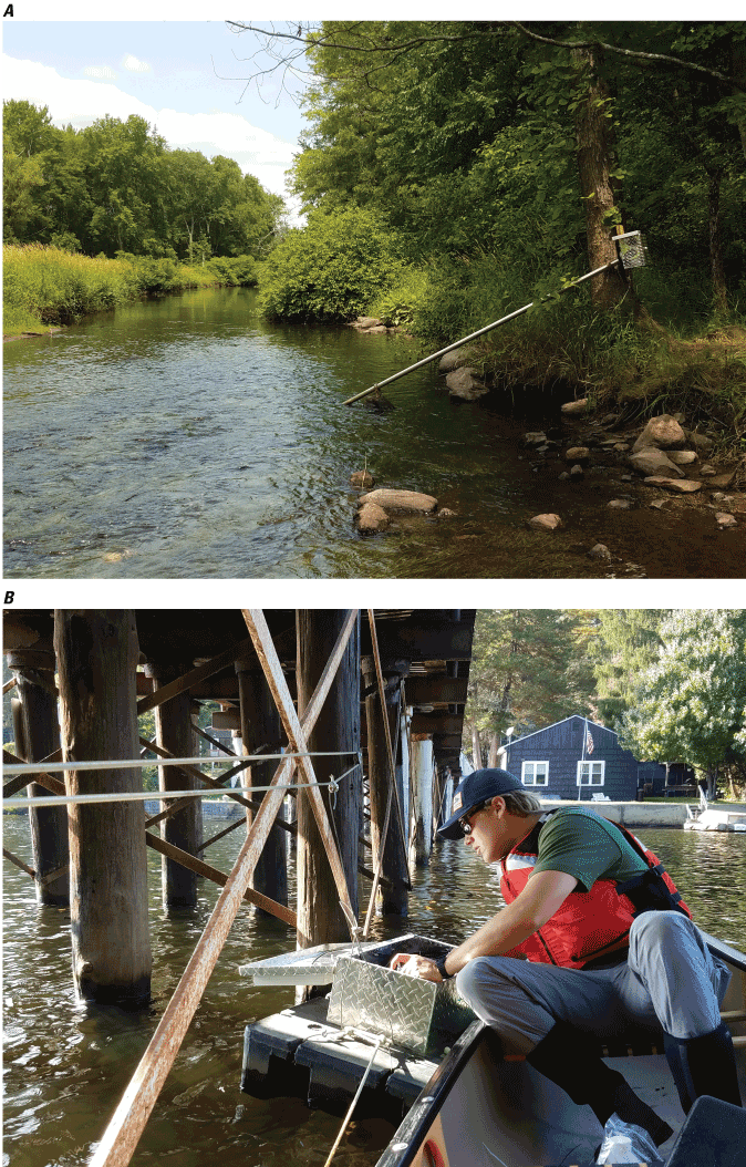 Two photographs. In A, installed equipment extends from bank into river. In B, staff
                           member on canoe conducting maintenance on equipment