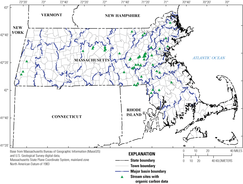 Major basin boundaries, town boundaries, and stream sites with total and dissolved
                     organic carbon data in Massachusetts