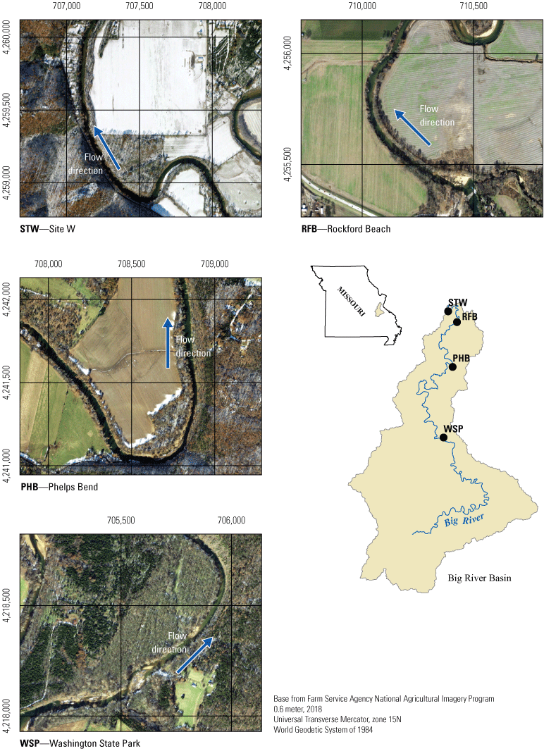 The four study reaches are shown within the Big River Basin, with a detail map of
                        aerial imagery for each reach.