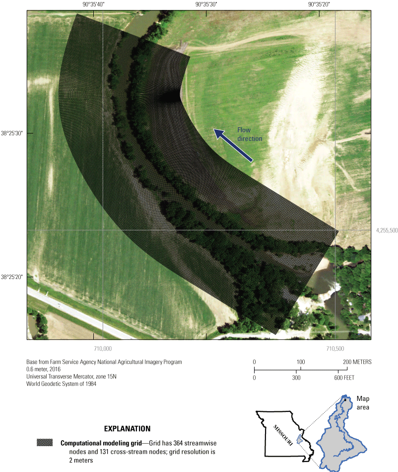 Computational modeling grid extends onto the floodplain to facilitate modeling discharges
                           up to bankfull.