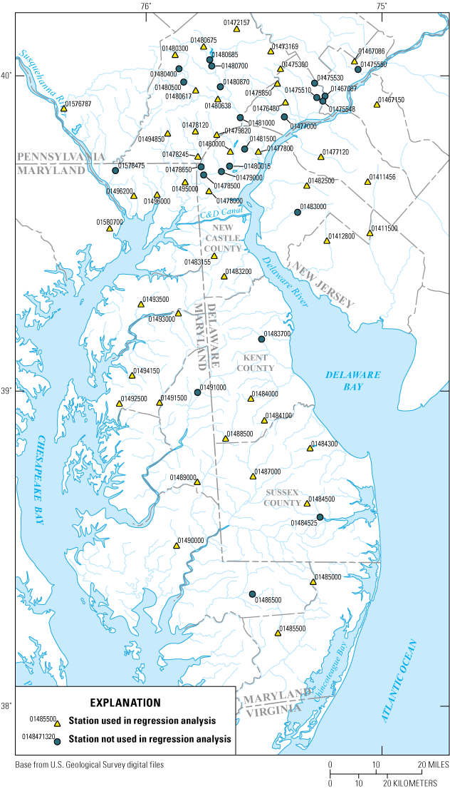 The study region of Delaware and adjacent states with low flow stations overlayed
                     and differentiated between those stations used for regression analyses and those not
                     used for regression analyses.