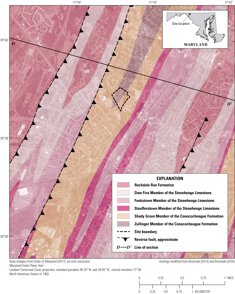Shades of pink showing various geologic formations, dashed line showing fault, solid
                        line showing section