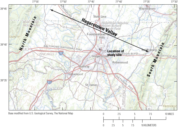 Green areas showing mountains, red lines showing roads, blue line showing the Potomac
                     River, yellow areas showing sites