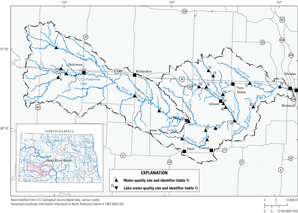 23 water-quality sites are shown across the Heart River Basin study area.