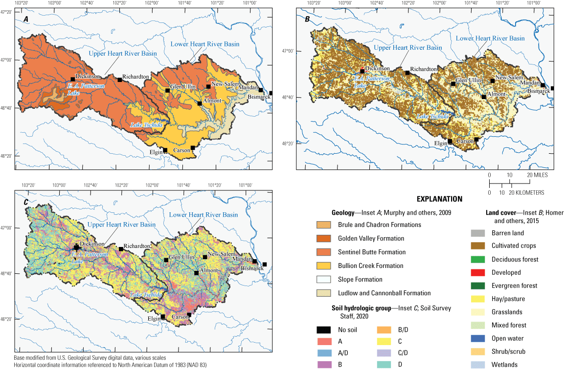 Three maps of the Heart River Basin showing local geology, land cover, and soil groups.