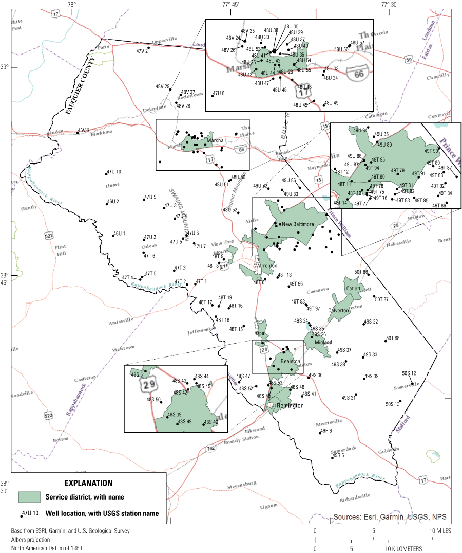 Wells located throughout the county, with concentrated groupings near Marshall, New
                        Baltimore, and Bealton.