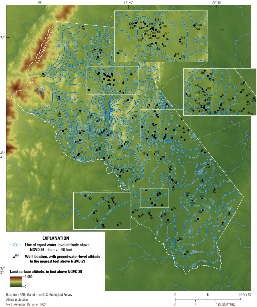 Groundwater-level contours are higher and steeper in the northwest and lower and rolling
                        in the southeast.