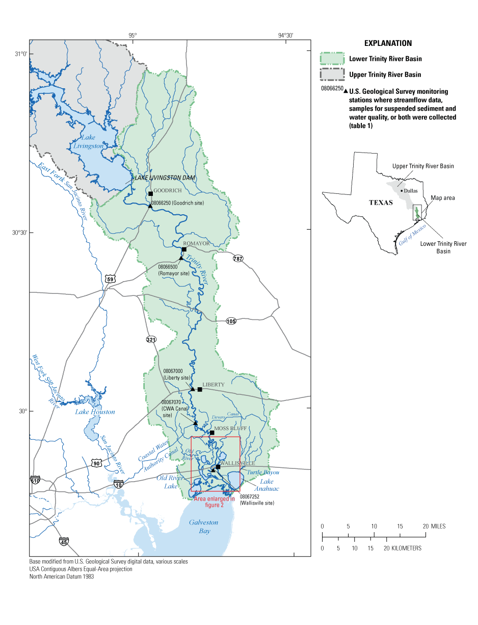 Figure 1. The locations of five monitoring stations along the Trinity River are shown.