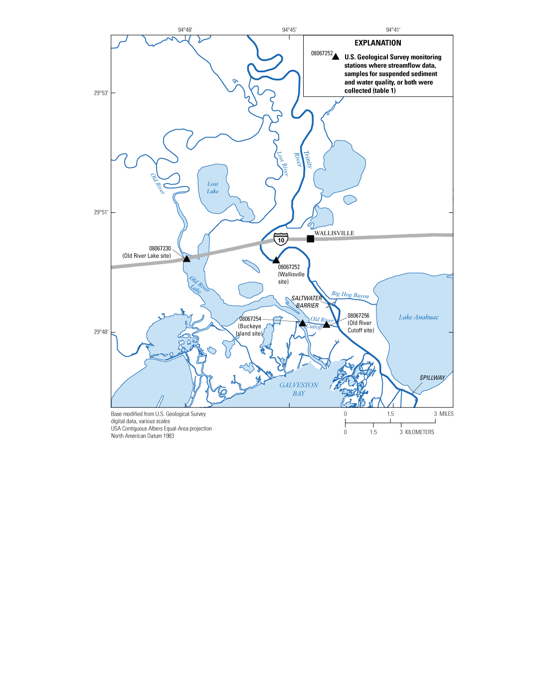 Figure 2. The locations of four monitoring stations in the delta of the Trinity River
                        Basin are shown.