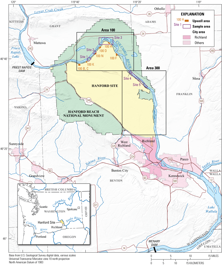 Map showing the Hanford Reach of the Columbia River near Hanford, Washington, and
                     sites where white sturgeon were sampled for persistent chemicals of concern.