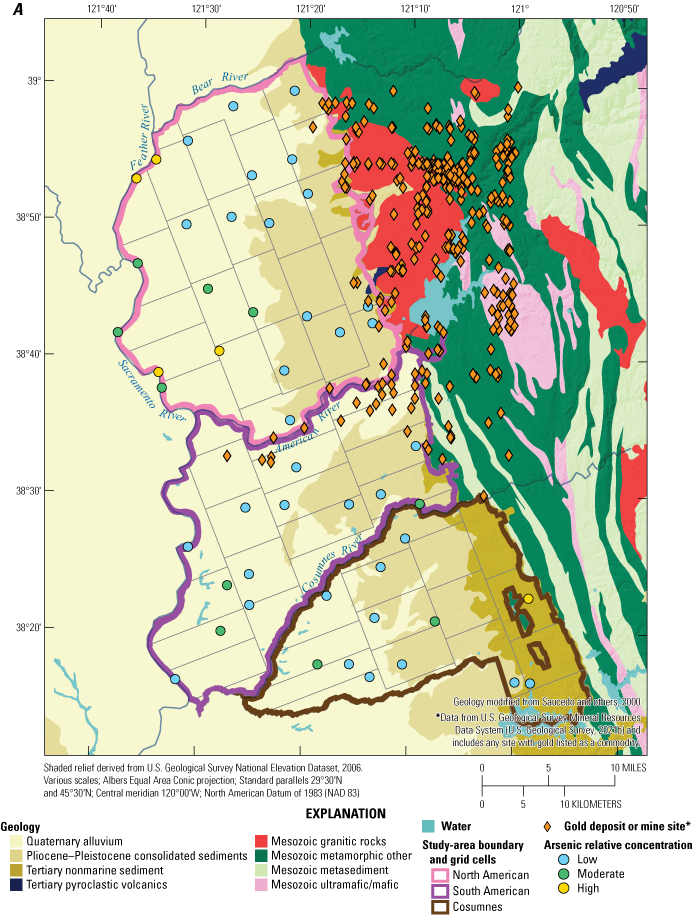 11.	Geology map and gold-mining sites with highest arsenic RCs along the Feather River
                              and highest hexavalent chromium RCs along the lower American River