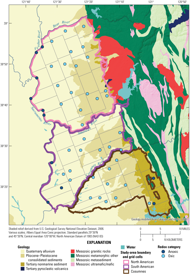 16.	Geologic map showing most wells with oxic conditions were near rivers and other
                              surface-water bodies at lower elevations in the study unit