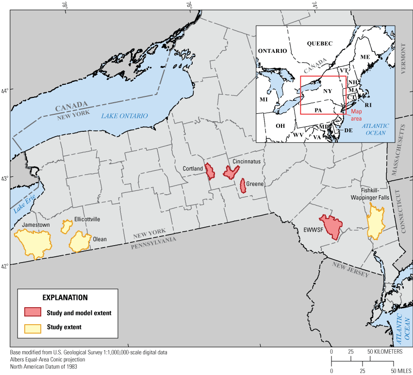 Study and model extents are spread out within Central and Southern New York State.
