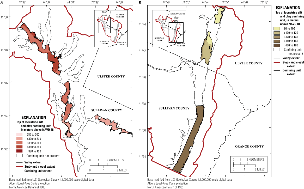 Lacustrine silt and clay surface altitudes (where present) for eastern and western
                           valleys.