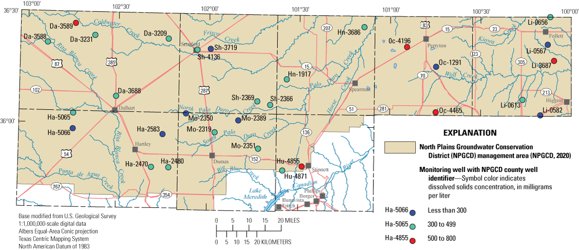 Figure 4. Map shows dissolved-solids concentrations measured in samples collected
                        from wells in Ogallala aquifer.