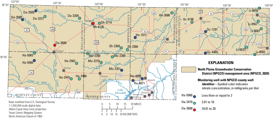 Figure 6. Map shows nitrate concentrations measured in samples collected from Ogallala
                        aquifer wells during synoptic sampling.