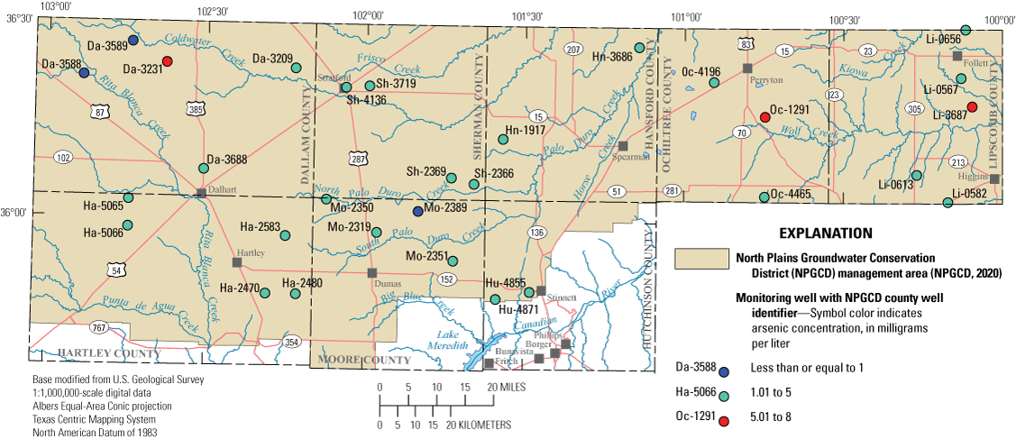 Figure 9. Map shows arsenic concentrations measured in samples collected from Ogallala
                        aquifer wells during synoptic sampling.