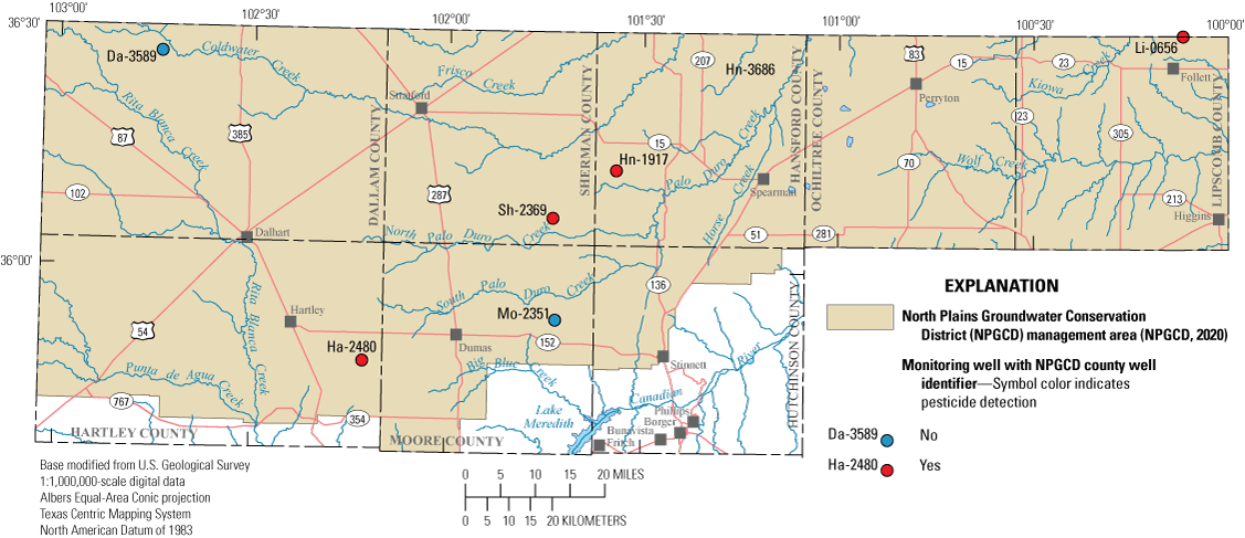 Figure 10. Map shows pesticide detections in samples collected from Ogallala aquifer
                        during synoptic sampling.