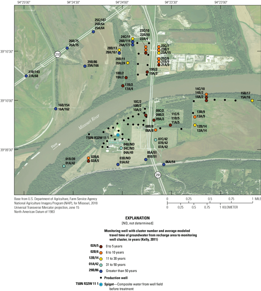 Monitoring wells range from 0 to more than 50 years of average modeled travel time
                        for groundwater.