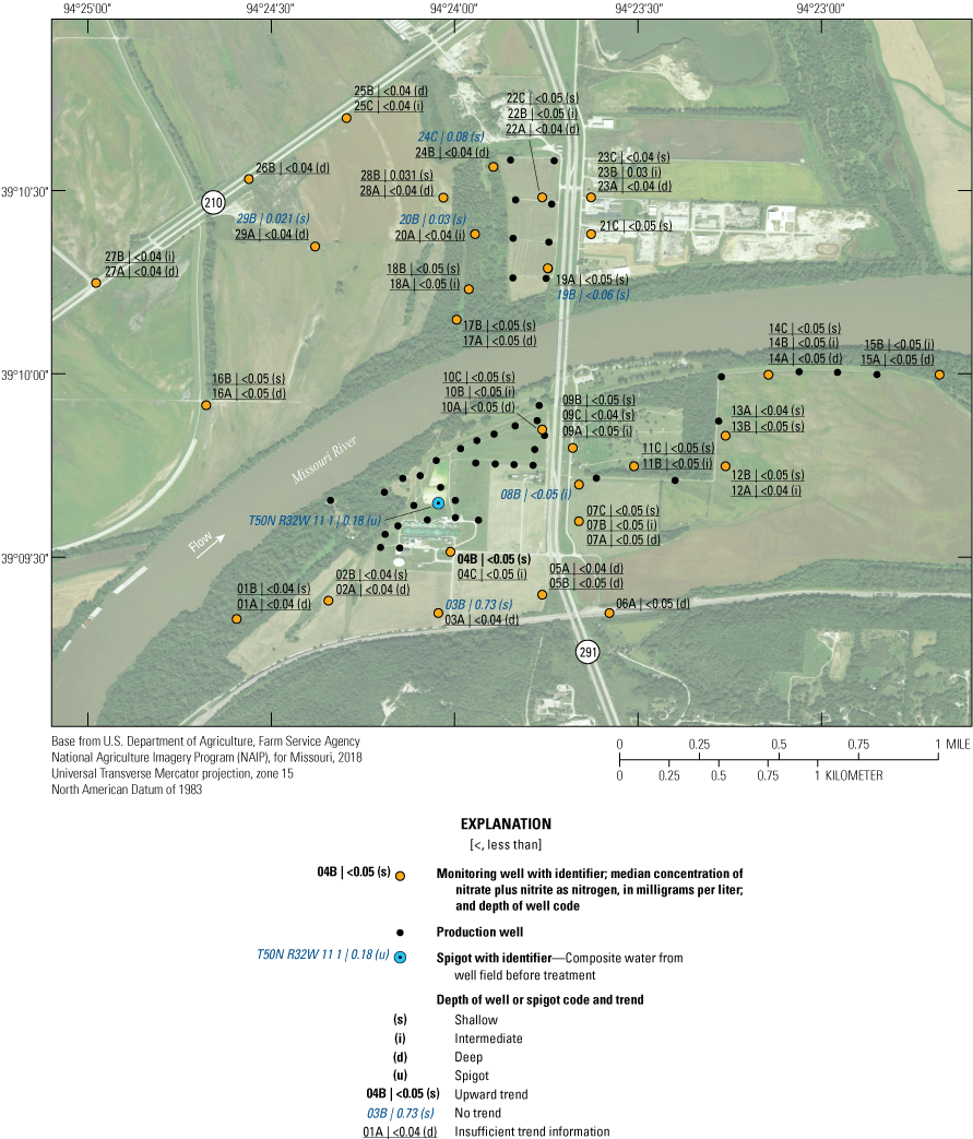 Median concentrations of nitrate plus nitrite for the sites range from 0.021 to 0.73
                        milligram per liter.