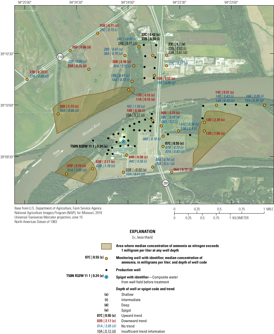 Median concentrations of ammonia for the sites range from less than 0.02 to 4.15 milligrams
                        per liter.