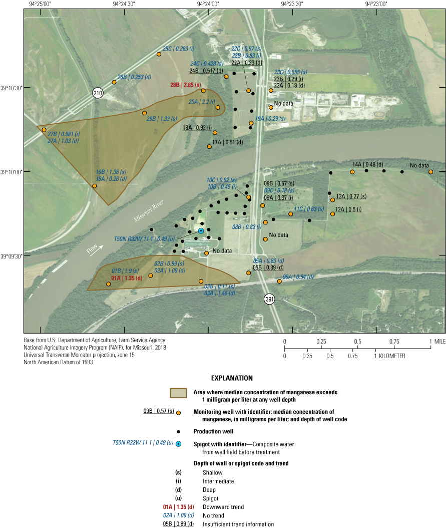 Median concentrations of manganese for the sites range from 0.11 to 2.85 milligrams
                        per liter.