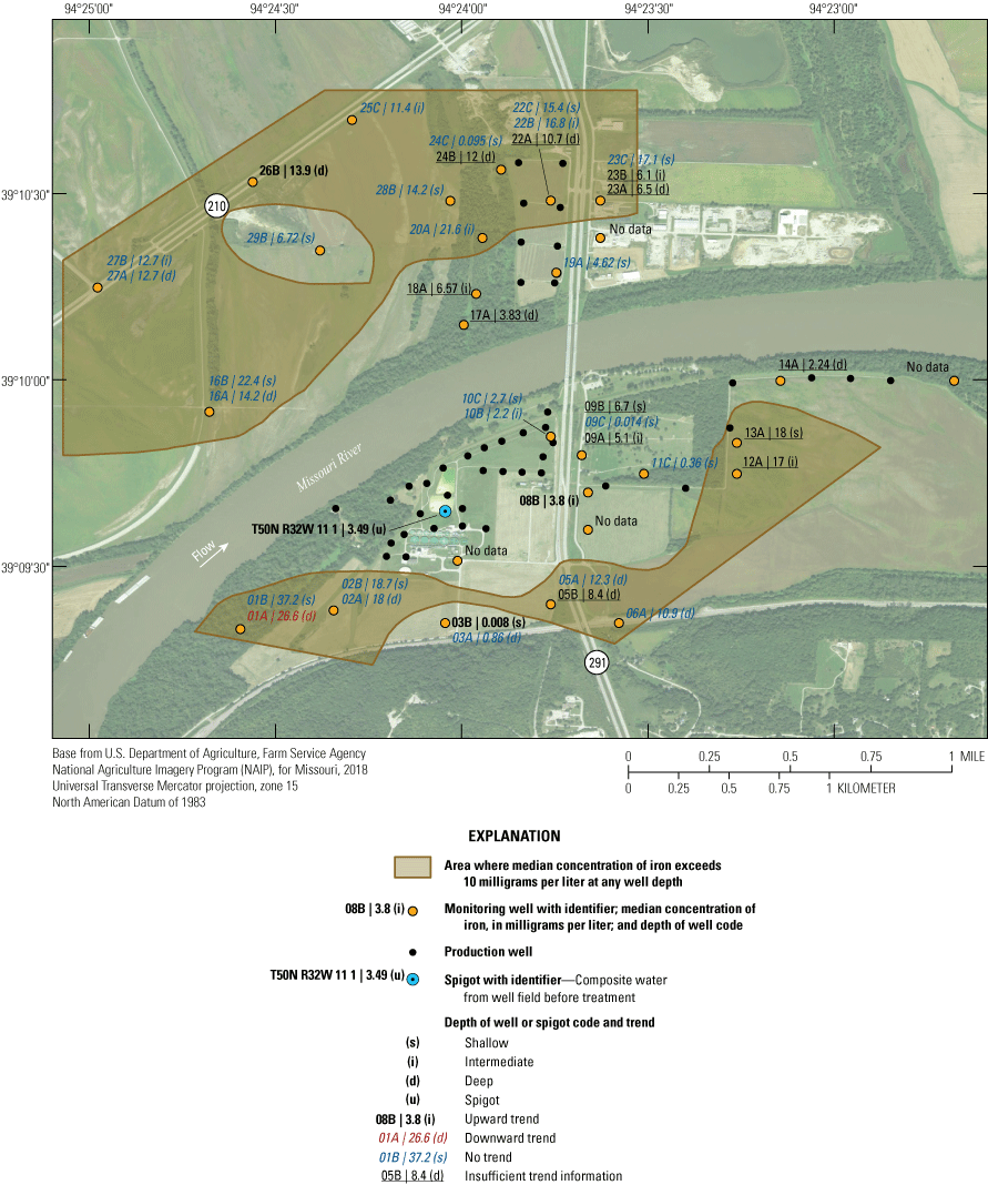 Median concentrations of iron for the sites range from 0.0008 to 37.2 milligrams per
                        liter.