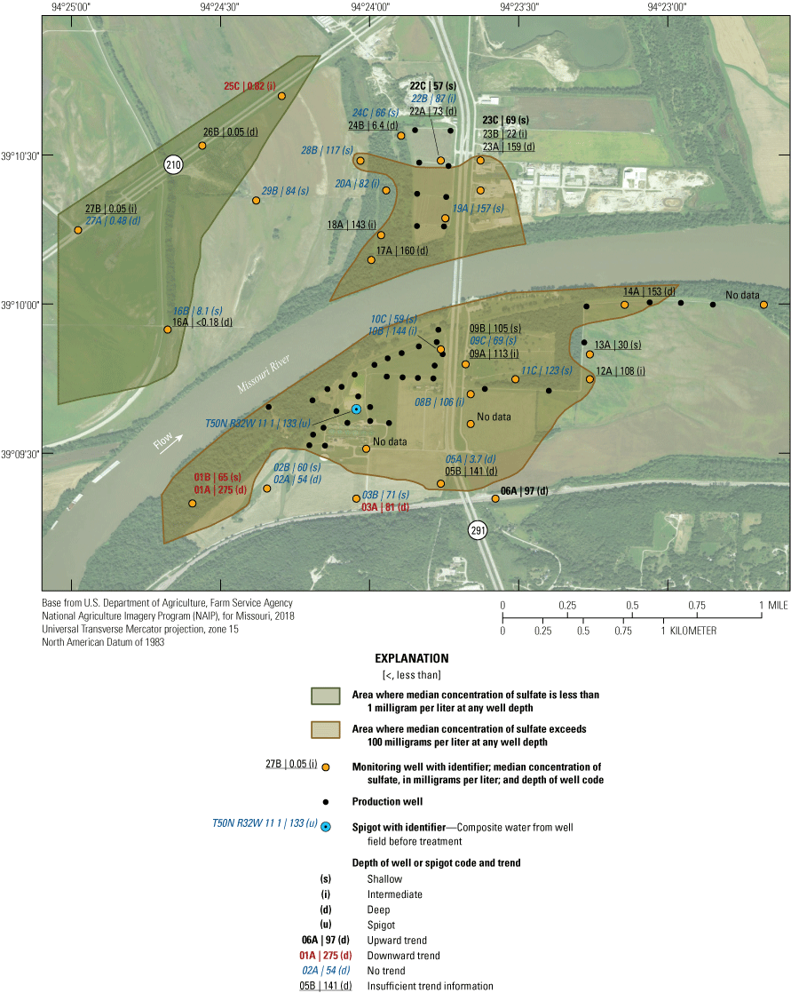 Median concentrations of sulfate for the sites range from 0.05 to 275 milligrams per
                        liter.