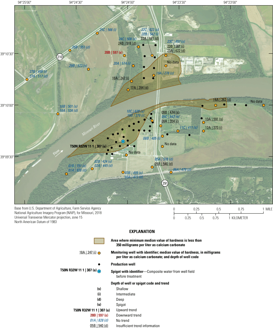 Median concentrations of hardness for the sites range from 247 to 828 milligrams per
                        liter as calcium carbonate.