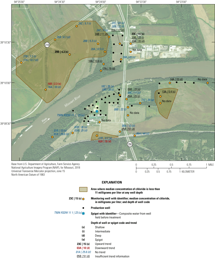 Median concentrations of chloride for the sites range from 2.3 to 51 milligrams per
                        liter.