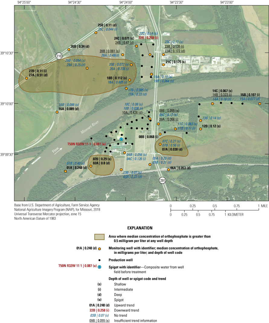 Median concentrations of orthophosphate for the sites range from 0.036 to 0.87 milligram
                        per liter.