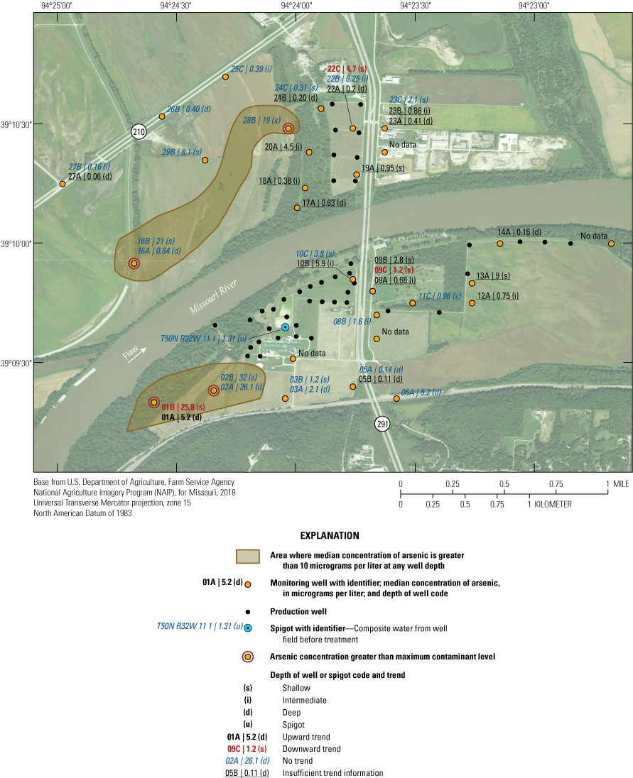 Median concentrations of arsenic for the sites range from 0.06 to 32 micrograms per
                        liter.