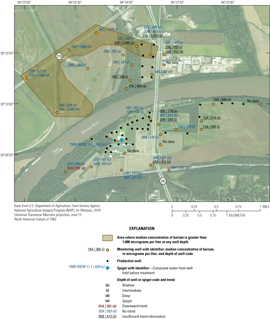 Median concentrations of barium for the sites range from 117 to 2,095 micrograms per
                        liter.