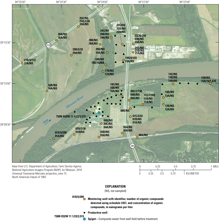 Organic compounds concentrations for the sites range from 0 to 1,676 nanograms per
                        liter; most sites not sampled.