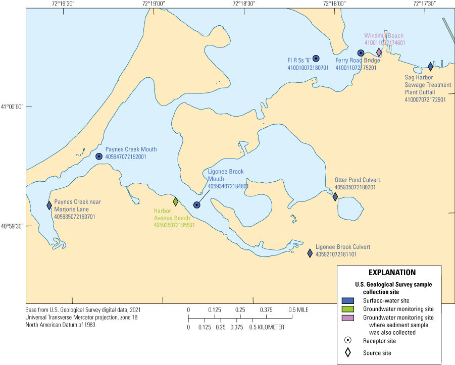 Locations where surface-water, groundwater, and sediment samples were collected in
                     Sag Harbor.